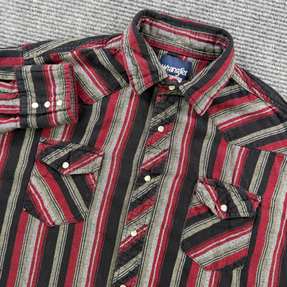 Wrangler Red Black Striped Western Pearl Snap Flannel Shirt Mens XL Western Work